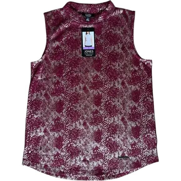 Jones New York Mock Neck Red Plum Foil Sleeveless Top, S - Picture 1 of 4